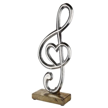 Διακοσμητικό Κλειδί Του Σολ Καρδιά Σε Βάση Ασημί/Φυσικό Αλουμίνιο/Ξύλο 6x15x39cm