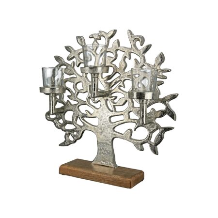 Κηροπήγιο 3θέσιο Δέντρο Της Ζωής Σε Βάση Ασημί/Φυσικό Αλουμίνιο/Ξύλο 11x36x38cm