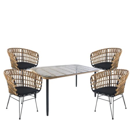 Σετ Τραπεζαρία Κήπου ANNIUS Φυσικό/Μαύρο Μέταλλο/Rattan/Γυαλί Με 4 Καρέκλες 14990305