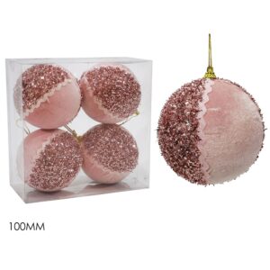 Μπάλα Με Glitter Ροζ Βελούδο Φ10cm Σετ 4Τμχ
