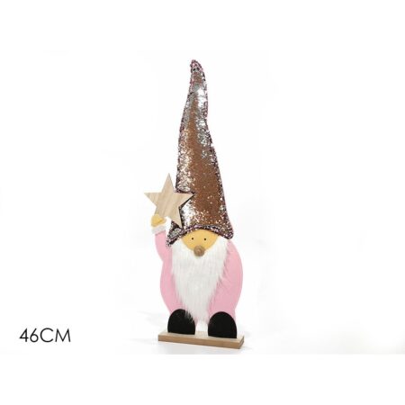 Νάνος Σε Βάση Με Χρυσό Καπέλο Ροζ Ύφασμα/Ξύλο 46cm