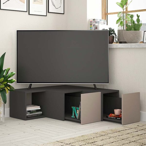 Έπιπλο τηλεόρασης γωνιακό Compact  μελαμίνης χρώμα ανθρακί - ανοιχτή μόκα 94,2x90,6x31,4εκ.