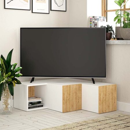 Έπιπλο τηλεόρασης γωνιακό Compact  μελαμίνης χρώμα λευκό - φυσικό οξιάς 94,2x90,6x31,4εκ.