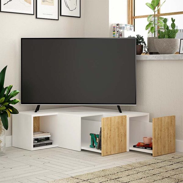 Έπιπλο τηλεόρασης γωνιακό Compact  μελαμίνης χρώμα λευκό - φυσικό οξιάς 94,2x90,6x31,4εκ.