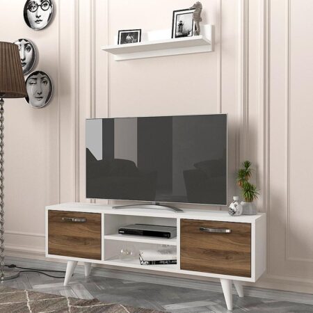 Έπιπλο τηλεόρασης Huelva  από μελαμίνη χρώμα λευκό - καρυδί 120x25x41εκ.