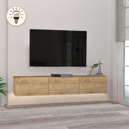Έπιπλο τηλεόρασης επιτοίχιο Damla  από μελαμίνη με LED χρώμα sapphire oak 180x29,5x29,5εκ.