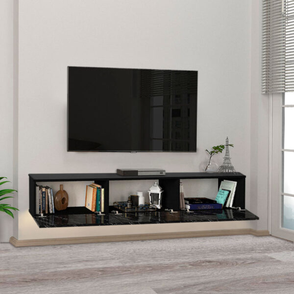 Έπιπλο τηλεόρασης επιτοίχιο Damla  από μελαμίνη με LED χρώμα μαύρο εφέ μαρμάρου 180x29,5x29,5εκ.