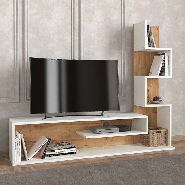 Έπιπλο τηλεόρασης Metehan  από μελαμίνη χρώμα λευκό - sapphire oak 149,5x29,5x120εκ.