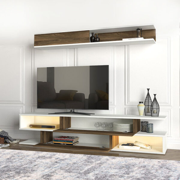 Σύνθεση τηλεόρασης Manet  από μελαμίνη με LED χρώμα λευκό - καρυδί 180x29,5x39εκ.
