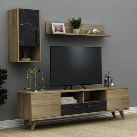Σύνθεση τηλεόρασης Vinci  από μελαμίνη χρώμα sapphire oak - μαύρο εφέ μαρμάρου 140x29,5x46εκ.