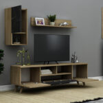Σύνθεση τηλεόρασης Vinci  από μελαμίνη χρώμα sapphire oak - μαύρο εφέ μαρμάρου 140x29,5x46εκ.