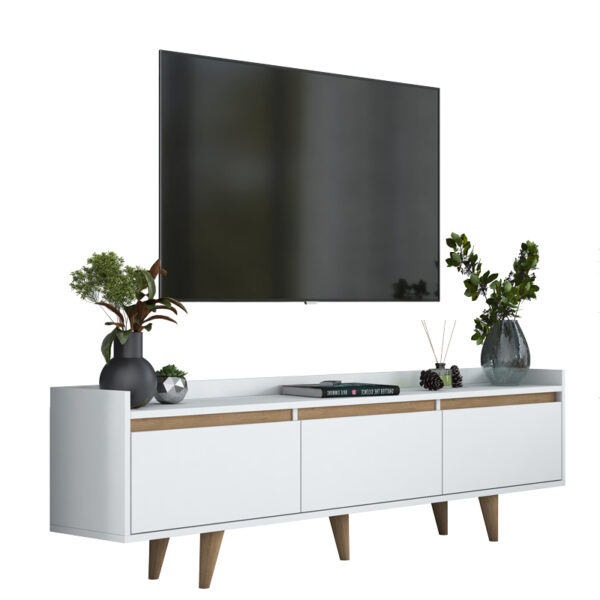 Έπιπλο τηλεόρασης Hafmi  λευκό-καρυδί μελαμίνη και ξύλινο πόδι σε φυσική απόχρωση 180x29.7x51.8εκ