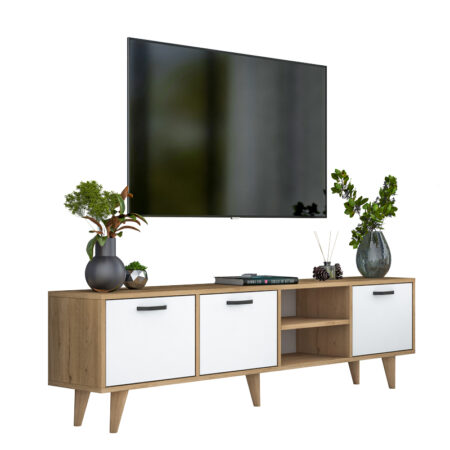 Έπιπλο τηλεόρασης Sercio  λευκό-καρυδί μελαμίνη-πόδι φυσικό χρώμα ξύλο180x29.7x48.6εκ
