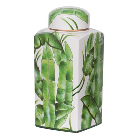 Artekko Palm Δοχείο Διακοσμητικό με Καπάκι Λευκό/Πράσινο Κεραμικό (17x17x36)cm