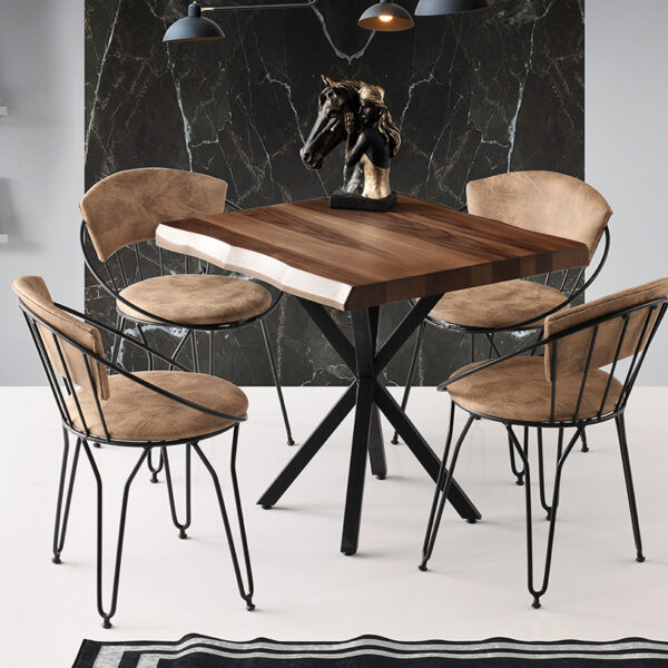 Safir Τραπέζι MDF με Εφέ Κορμού Καφέ και Μεταλλικά Μαύρα Πόδια (80x80x75)cm