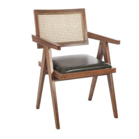 Artekko Suva Rattan Καρέκλα με Καφέ Ξύλινο Σκελετό με Ψάθα και Πράσινο Τεχνόδερμα (55x55x85)cm