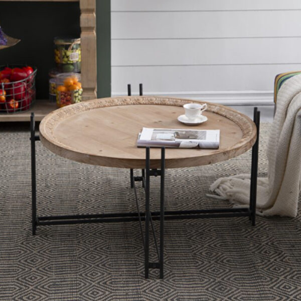 Round Τραπέζι Σαλονιού Στρογγυλό από Ξύλο Ελάτης/Μέταλλο Φυσικό/Μαύρο (80.5x80.5x46)cm