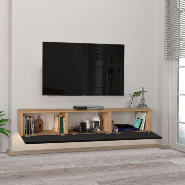 Έπιπλο τηλεόρασης επιτοίχιο Damla Megapap με LED χρώμα sapphire oak - μαύρο 180x29,5x29,5εκ.