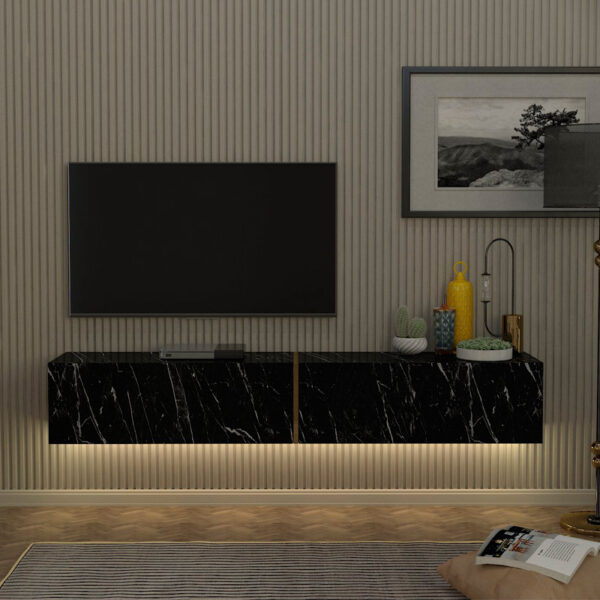 Έπιπλο τηλεόρασης επιτοίχιο Figure Megapap με LED χρώμα μαύρο εφέ μαρμάρου 181,8x31,7x30εκ.