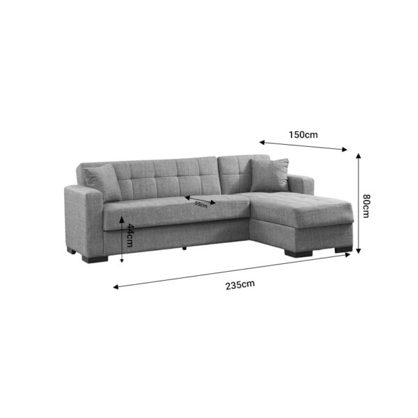 Γωνιακός καναπές-κρεβάτι με αποθηκευτικό χώρο Kansos  ανθρακί ύφασμα 235x150x80εκ