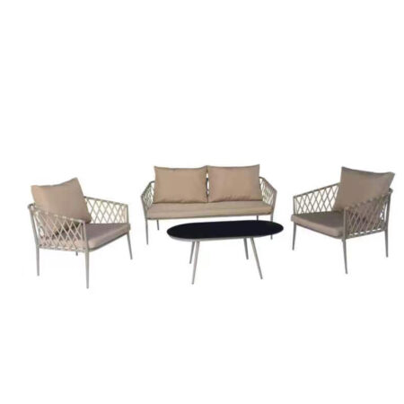 Artekko Rattan Καναπές (160x75x72)cm 2x Πολυθρόνες (76x75x72)cm Τραπέζι με Τζάμι (110x55x42)cm με Πλαστικ Κορδόνι Μεταλλικό Σκελετό Γκρι και Γκρι Μαξιλάρι Σετ/4