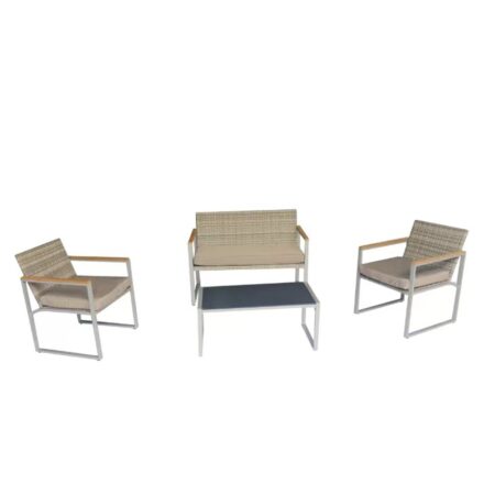 Artekko Rattan Διθέσιος Καναπές (105x65x75)cm 2x Πολυθρόνες (58x60x75)cm Τραπέζι με Τζάμι (84x45x38)cm με Πλαστικ Ρατάν Μεταλλικό Σκελετό και Ξύλο Γκρι Καφέ και Καφέ Μαξιλάρι Σετ/4