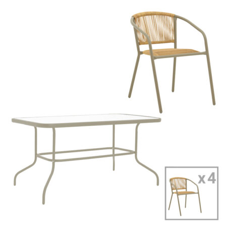 Τραπεζαρία Valor-Lindaria pakoworld σετ 5τεμ μέταλλο σε σαμπανιζέ και pe rattan σε φυσική απόχρωση 110x60x70εκ