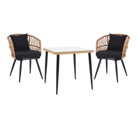 Τραπεζαρία Naoki σετ 3 τεμ pakoworld μέταλλο μαύρο-pe φυσικό-γυαλί 80x80x78εκ