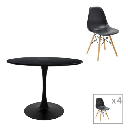 Τραπεζαρία Julita-Balou σετ 5τεμ  MDF-PP σε μαύρο-φυσικό απόχρωση Φ120x73εκ