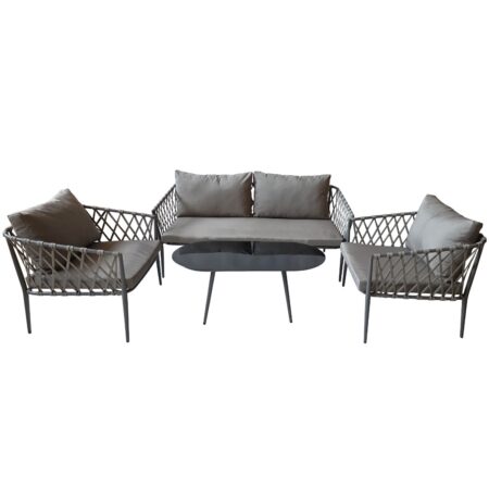 Artekko Rattan Καναπές (160x75x72)cm 2x Πολυθρόνες (76x75x72)cm Τραπέζι με Τζάμι (110x55x42)cm με Πλαστικ Κορδόνι Μεταλλικό Σκελετό Γκρι και Γκρι Μαξιλάρι Σετ/4