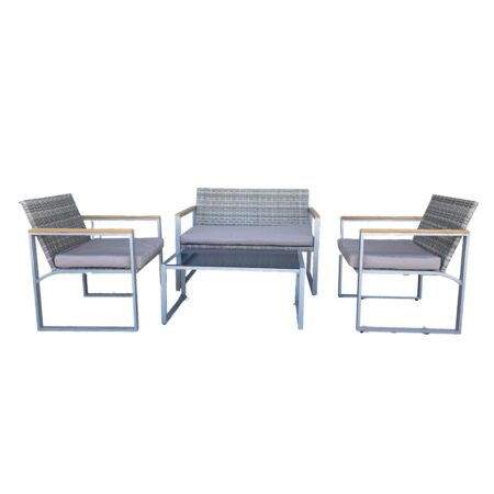 Artekko Rattan Διθέσιος Καναπές (105x65x75)cm 2x Πολυθρόνες (58x60x75)cm Τραπέζι με Τζάμι (84x45x38)cm με Πλαστικ Ρατάν Μεταλλικό Σκελετό και Ξύλο Γκρι Καφέ και Καφέ Μαξιλάρι Σετ/4