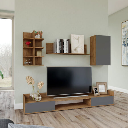 Σύνθεση τηλεόρασης Callisto Σκούρο Δρυς-Γραφίτης 200x40x180cm