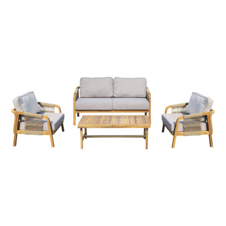 Σαλόνι εξωτερικού χώρου Malibu II pakoworld ξύλο ακακίας με σχοινί σε φυσική απόχρωση και μπεζ μαξιλάρια