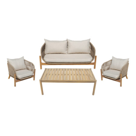 Σαλόνι εξωτερικού χώρου Lemanda pakoworld μασίφ ξύλο ακακίας με σχοινί και μπεζ μαξιλάρια