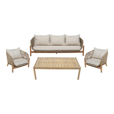 Σαλόνι εξωτερικού χώρου Verilan pakoworld μασίφ ξύλο ακακίας με σχοινί και μπεζ μαξιλάρια