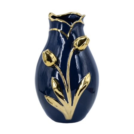 Artekko Glazed Μπλε Κεραμικό Βάζο με Χρυσές Λεπτομέρειες (20x20x34.5)cm
