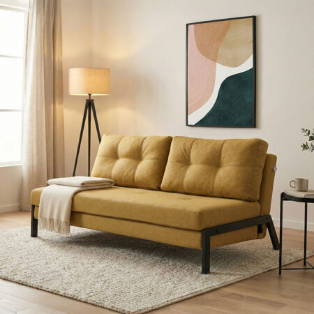 Καναπές 2θέσιος-κρεβάτι Fancy pakoworld ύφασμα σε κίτρινη απόχρωση με μαύρο πόδι 150x92x77εκ