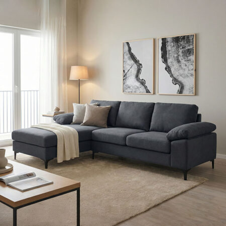 Γωνιακός καναπές Cohen  με δεξιά γωνία ύφασμα σε ανθρακί απόχρωση-πόδι μαύρο μέταλλο 240x159x83εκ