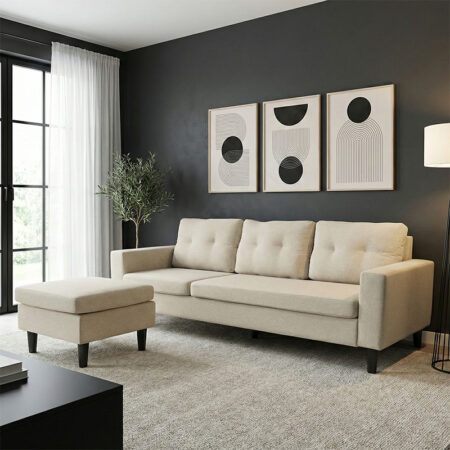 Γωνιακός καναπές αναστρέψιμος Maneli pakoworld ύφασμα αμμου -μπεζ 196x138/77x82εκ