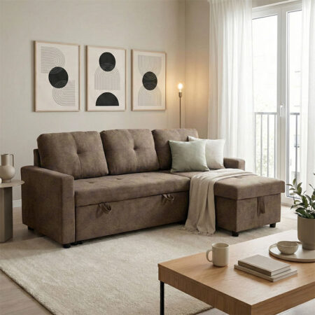 Γωνιακός αναστρέψιμος καναπές κρεβάτι Napora pakoworld με αποθηκευτικό χώρο γκρι-μπεζ ύφασμα 214x83/138x90εκ