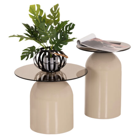 ΣΕΤ 2 ΤΡΑΠΕΖΙΑ ΣΑΛΟΝΙΟΥ BELLINS HM18314.04 ΜΠΕΖ ΜΕΤΑΛ.ΒΑΣΕΙΣ--ΓΥΑΛΙ Φ50εκ & Φ40εκ